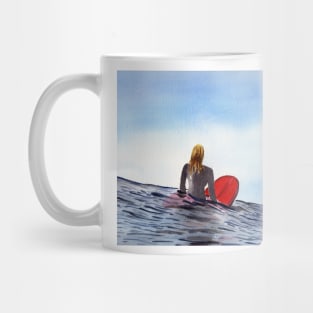 Female Surfer Waiting Watercolor Painting Mug